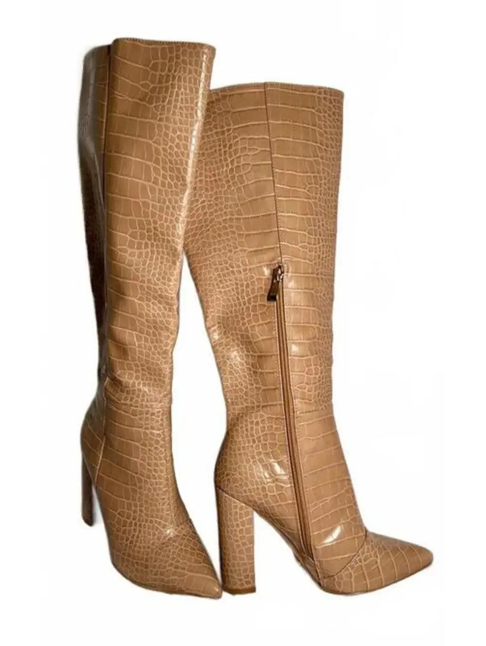 Billini Milla Knee High Boots Beige Croc Embossed Block Heel Pointed Toe size 8
